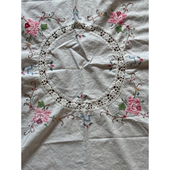 Vintage White Cotton Tablecloth Embroidered Floral Design Crochet Center 30" - Picture 3 of 6